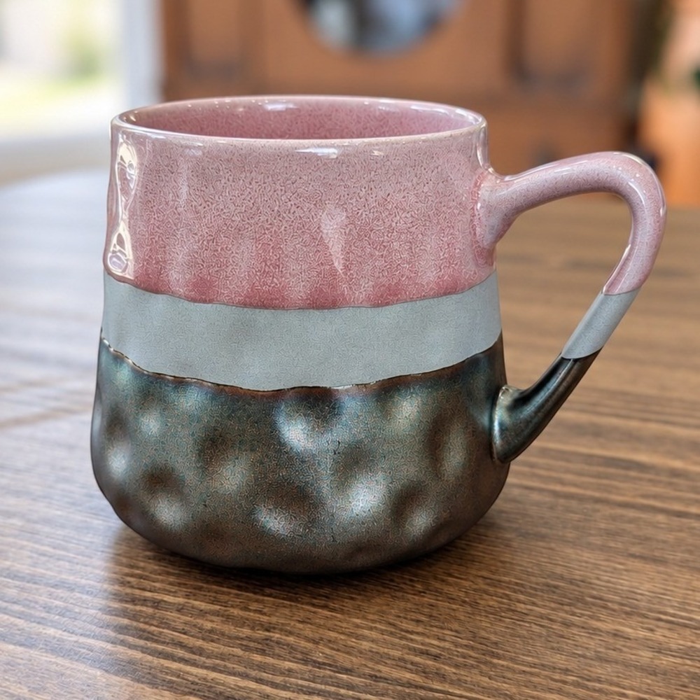 Rochelle Coffee Mug Pink Grey Bronze Hammered Ceramic Glaze - Picture 8 of 10